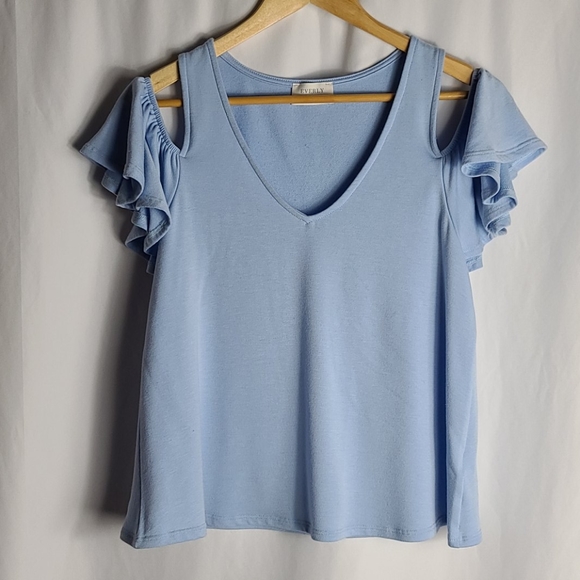 Everly | Sky Blue Ruffle Cold Shoulder V-Neck Tee - Picture 5 of 8